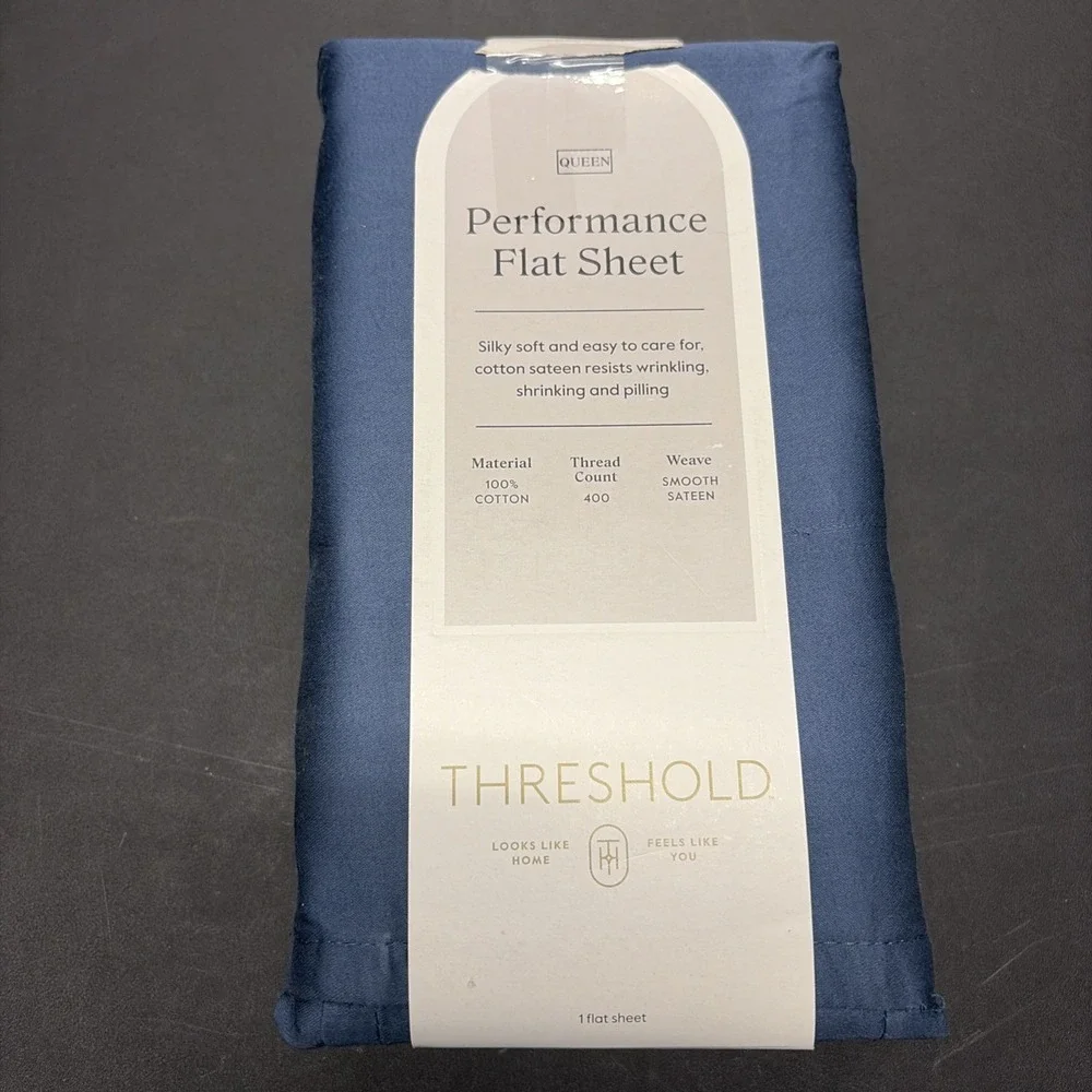 Threshold Performance Cotton Sateen QUEEN Flat Sheet Blue 400 TC Smooth 20644